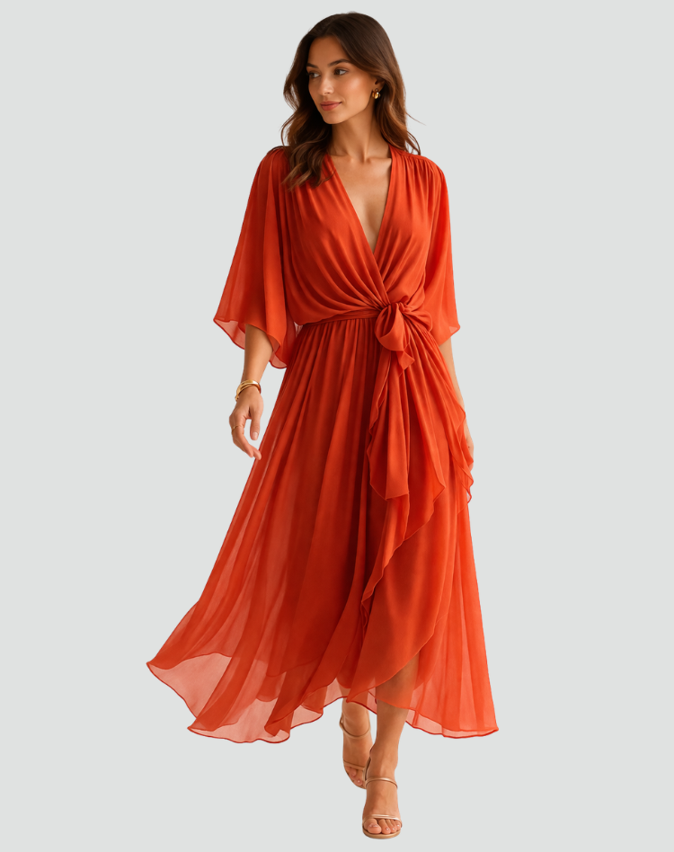 Women's Draped Wrap Midi Dress – Waist Tie Dress