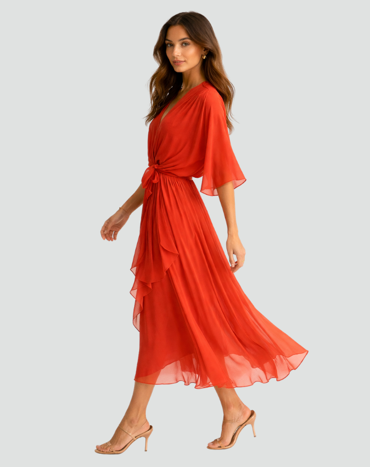 Women's Draped Wrap Midi Dress – Waist Tie Dress