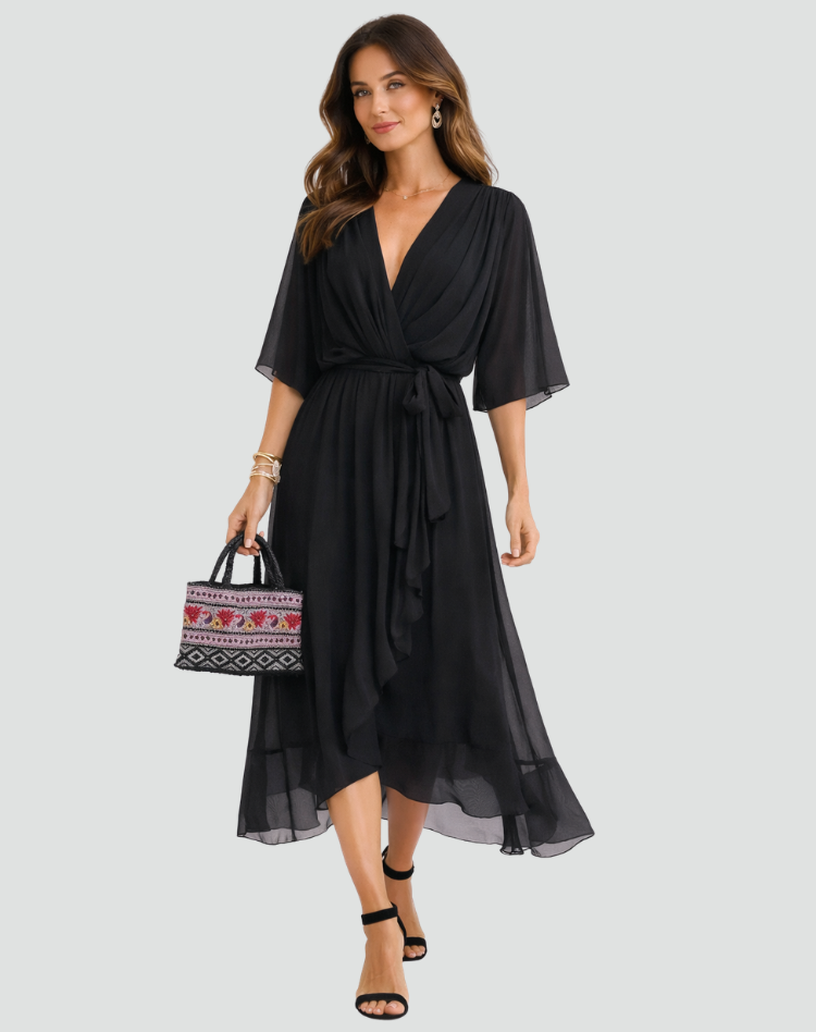 Women's Draped Wrap Midi Dress – Waist Tie Dress