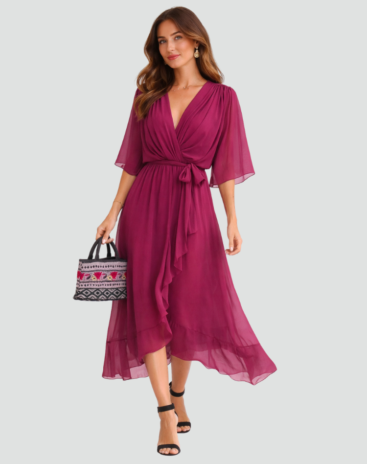 Women's Draped Wrap Midi Dress – Waist Tie Dress