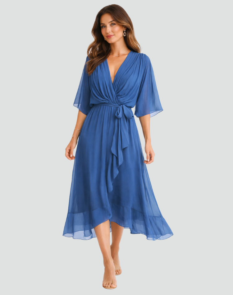 Women's Draped Wrap Midi Dress – Waist Tie Dress