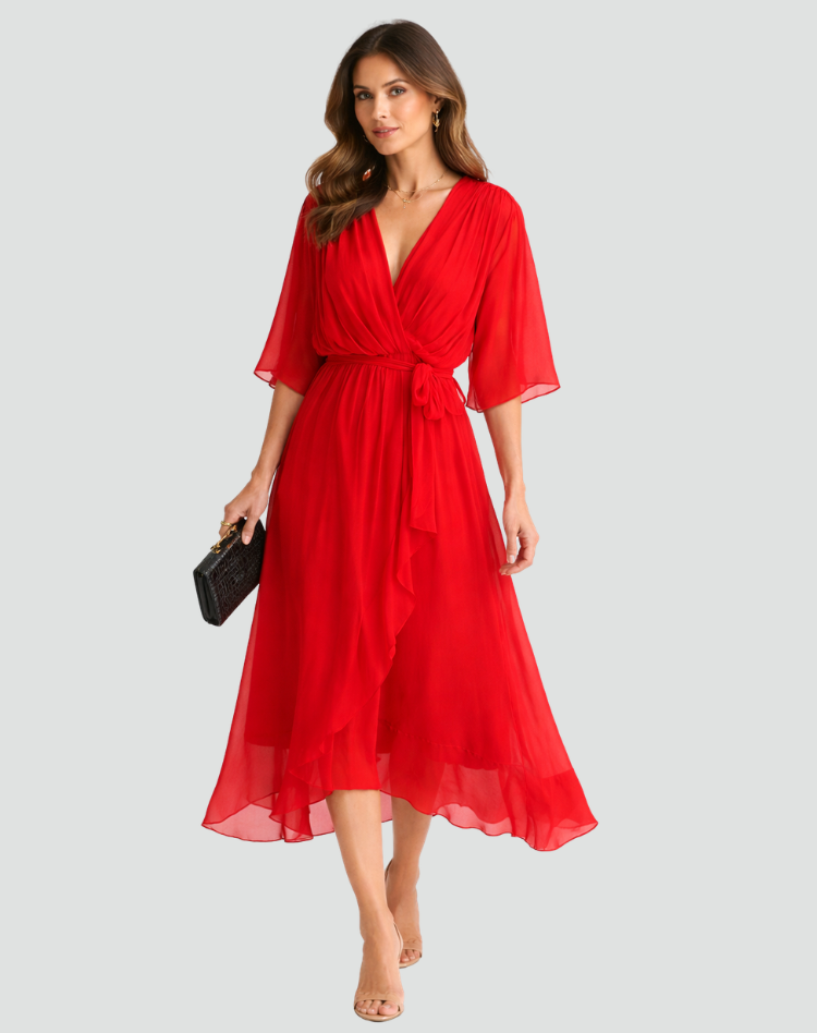 Women's Draped Wrap Midi Dress – Waist Tie Dress
