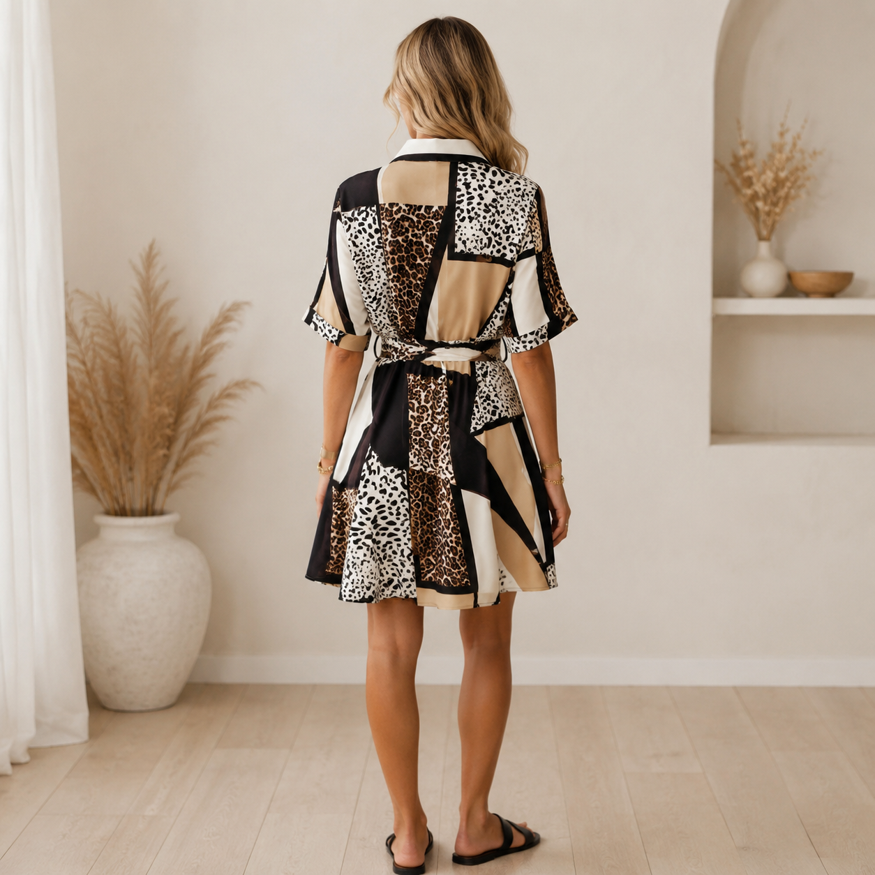 Women's Animal Print Shirt Dress – Button Front Tie Waist Dress