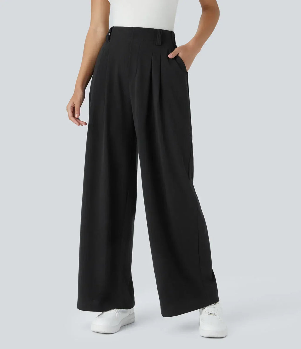 Women's Elastic Waist Wide Leg Pants – High Waist Four Pocket Trousers