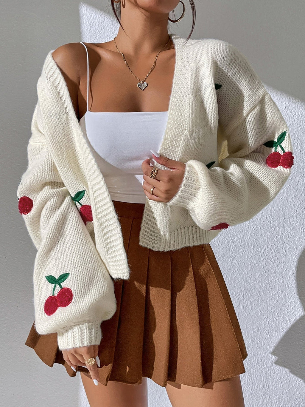 Women's Cherry Print Cardigan – Button Front Lightweight Cardigan