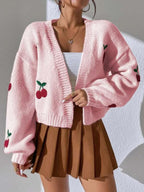 Women's Cherry Print Cardigan – Button Front Lightweight Cardigan