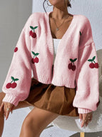 Women's Cherry Print Cardigan – Button Front Lightweight Cardigan