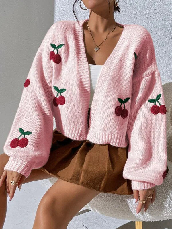 Women's Cherry Print Cardigan – Button Front Lightweight Cardigan
