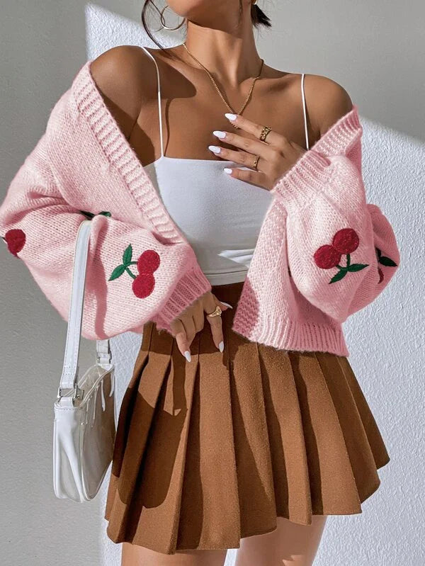 Women's Cherry Print Cardigan – Button Front Lightweight Cardigan