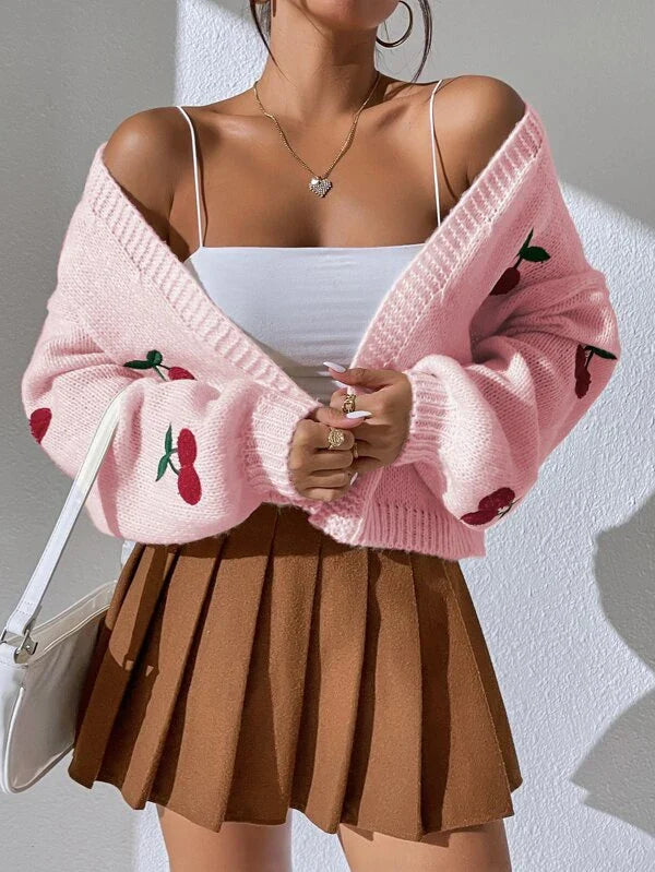 Women's Cherry Print Cardigan – Button Front Lightweight Cardigan