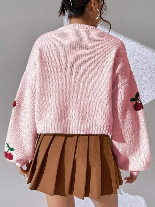 Women's Cherry Print Cardigan – Button Front Lightweight Cardigan