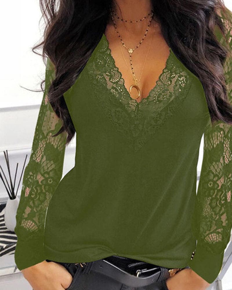 Women's V-Neck Lace Blouse – Romantic Lace Sleeve Blouse