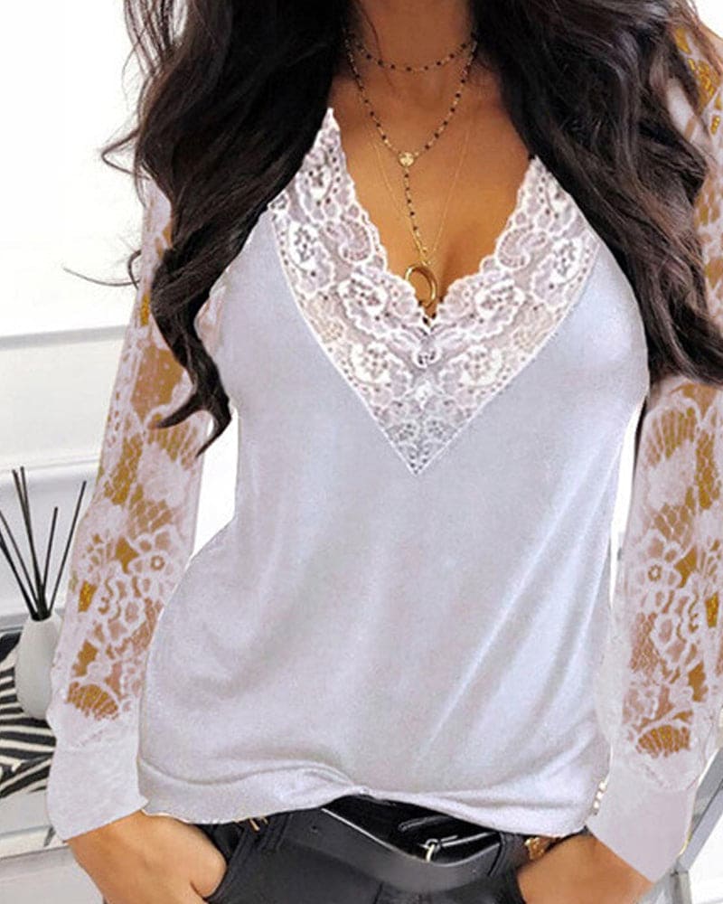 Women's V-Neck Lace Blouse – Romantic Lace Sleeve Blouse