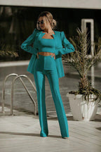 Women's Tailored Three Piece Suit Set – Blazer Crop Top and Trousers Set
