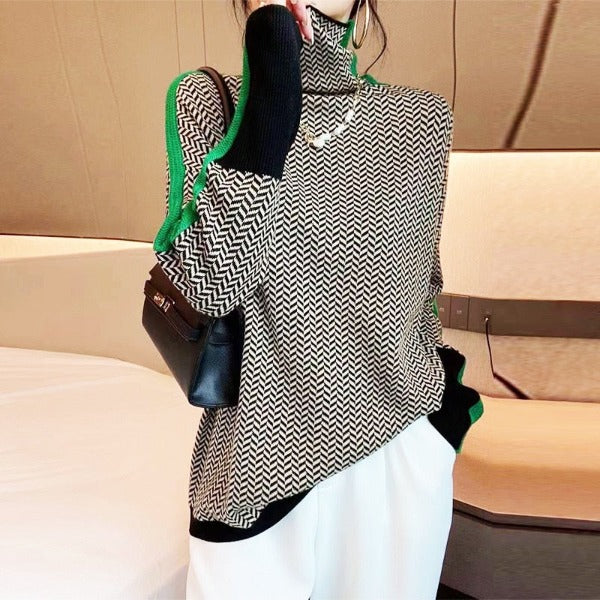 Women's Striped Knit Sweater – Relaxed Long Sleeve Pattern Pullover