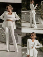 Women's Tailored Three Piece Suit Set – Blazer Crop Top and Trousers Set