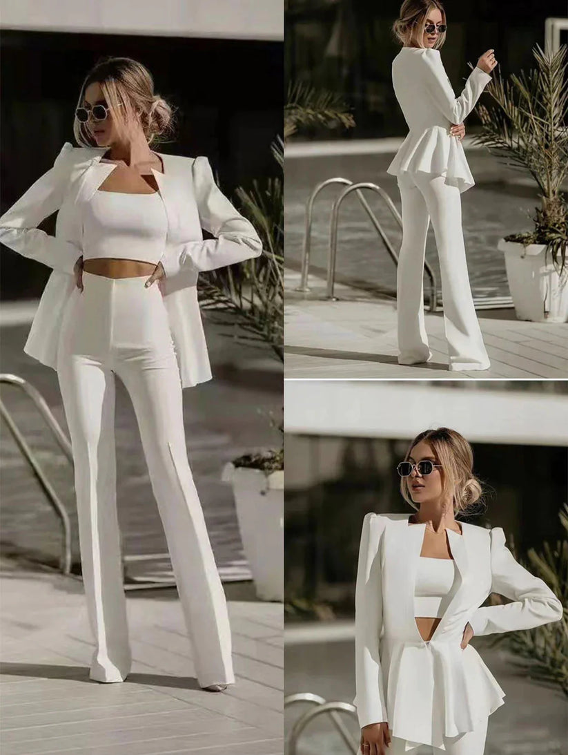 Women's Tailored Three Piece Suit Set – Blazer Crop Top and Trousers Set