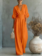 Women's V-Neck Wide Leg Jumpsuit – High Waist Pocket Evening Jumpsuit