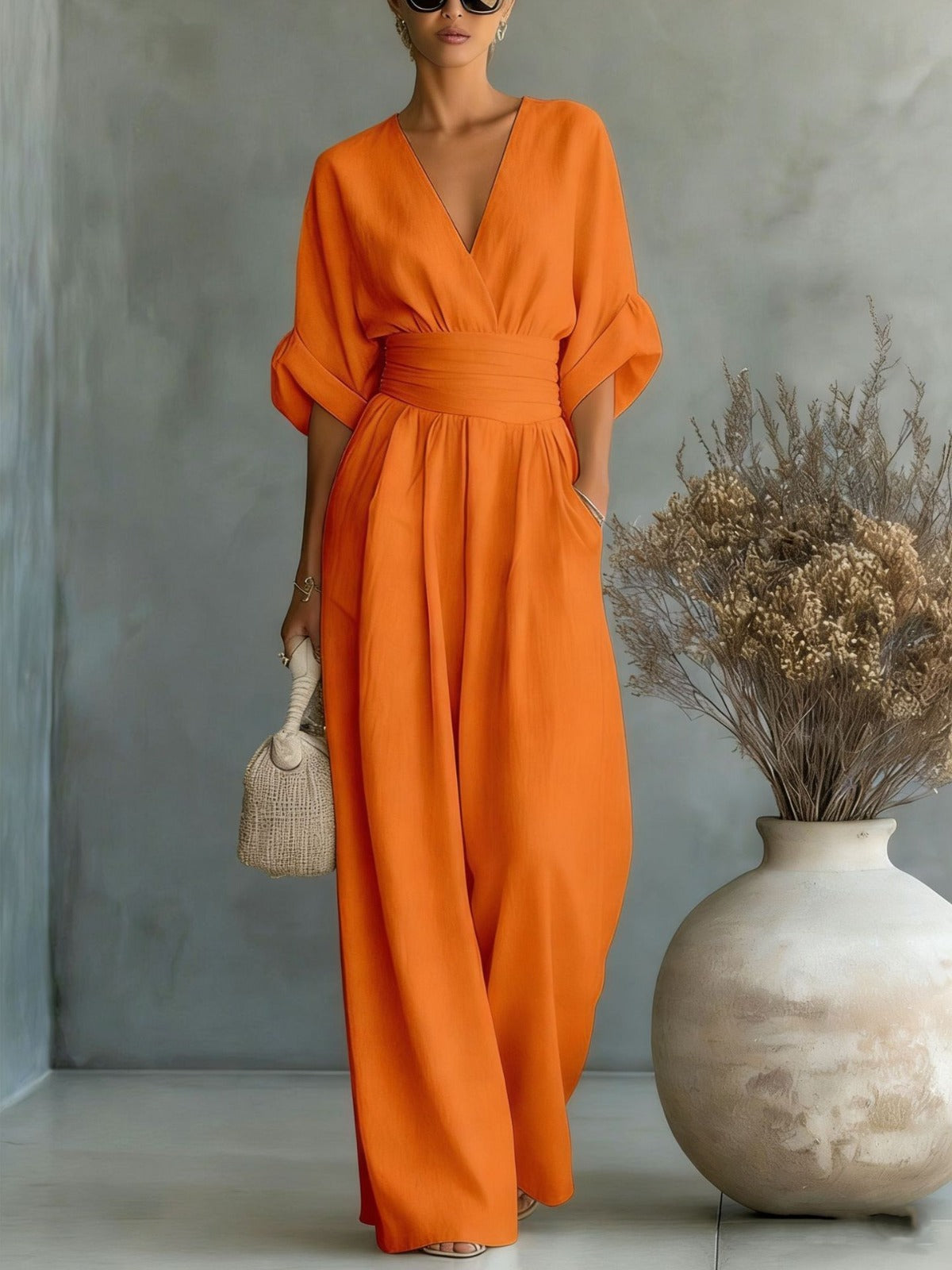 Women's V-Neck Wide Leg Jumpsuit – High Waist Pocket Evening Jumpsuit