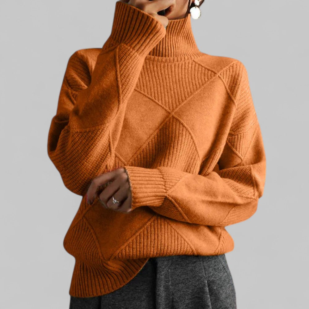 Women's Geometric Roll Neck Sweater – Relaxed Fit Winter Sweater