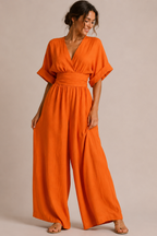 Women's Three-Quarter Sleeve Jumpsuit – Wide Leg Pantsuit