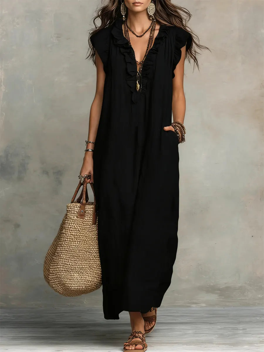 Women's Boho Maxi Dress – Flowy Ruffle Long Dress with Pockets