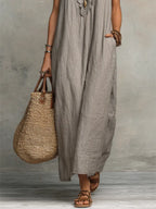 Women's Boho Maxi Dress – Flowy Ruffle Long Dress with Pockets