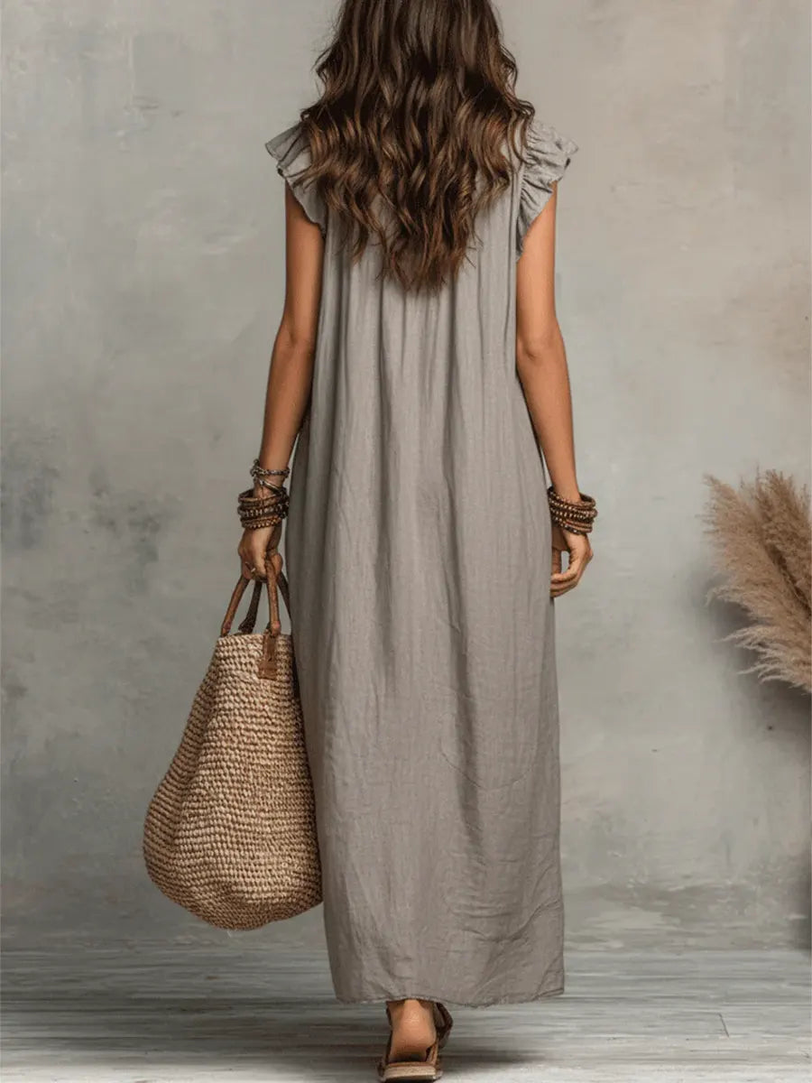 Women's Boho Maxi Dress – Flowy Ruffle Long Dress with Pockets