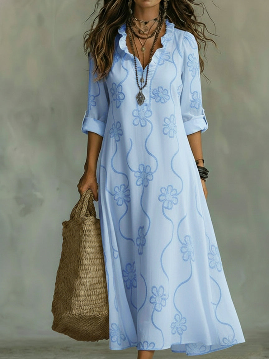 Women's Floral Boho Midi Dress – Swing Sleeve Summer Dress
