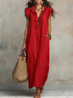 Women's Boho Maxi Dress – Flowy Ruffle Long Dress with Pockets