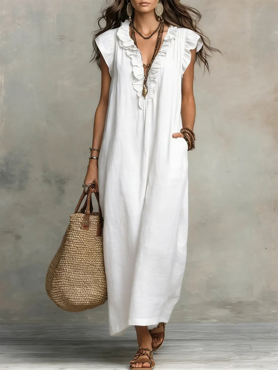 Women's Boho Maxi Dress – Flowy Ruffle Long Dress with Pockets