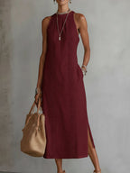 Women's Sleeveless High Neck Midi Dress – Elegant Flowy Pocket Dress