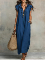 Women's Boho Maxi Dress – Flowy Ruffle Long Dress with Pockets