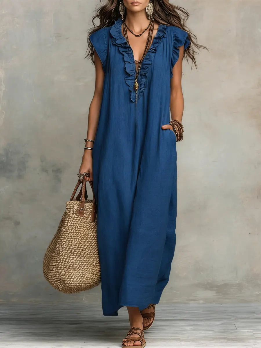 Women's Boho Maxi Dress – Flowy Ruffle Long Dress with Pockets