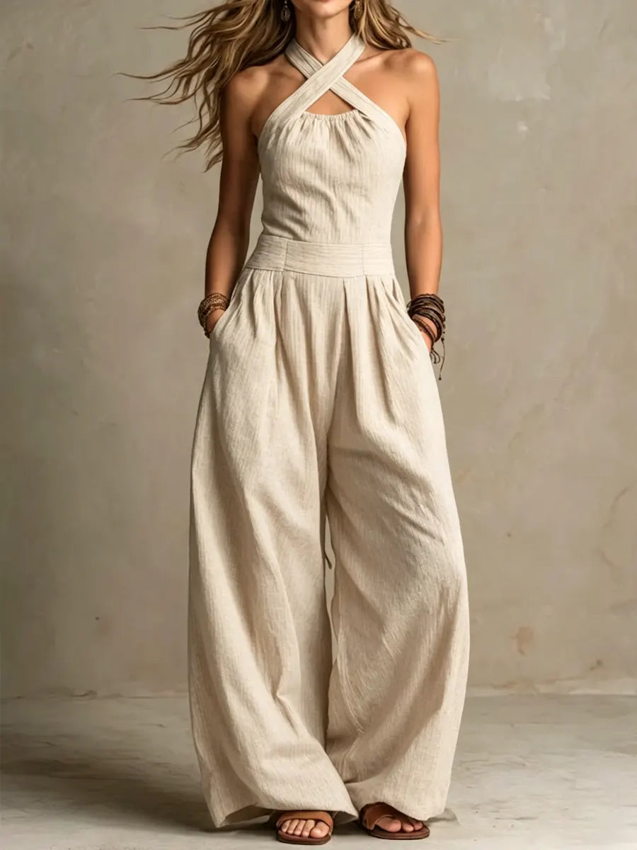 Women's Cross Neck Halter Jumpsuit – Draped Evening Occasion Jumpsuit