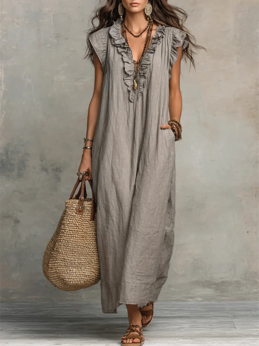 Women's Boho Maxi Dress – Flowy Ruffle Long Dress with Pockets