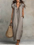 Women's Boho Maxi Dress – Flowy Ruffle Long Dress with Pockets