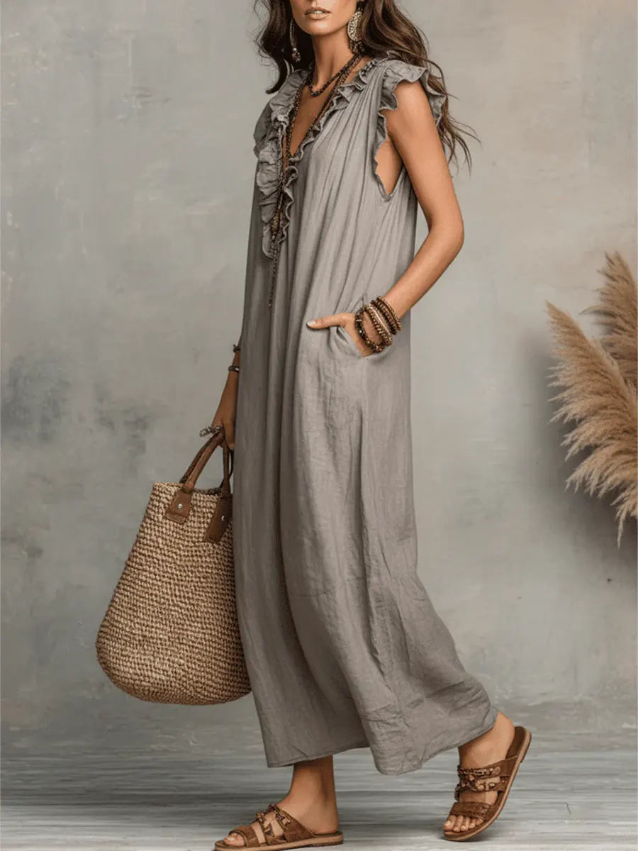 Women's Boho Maxi Dress – Flowy Ruffle Long Dress with Pockets