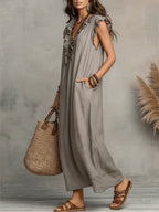 Women's Boho Maxi Dress – Flowy Ruffle Long Dress with Pockets