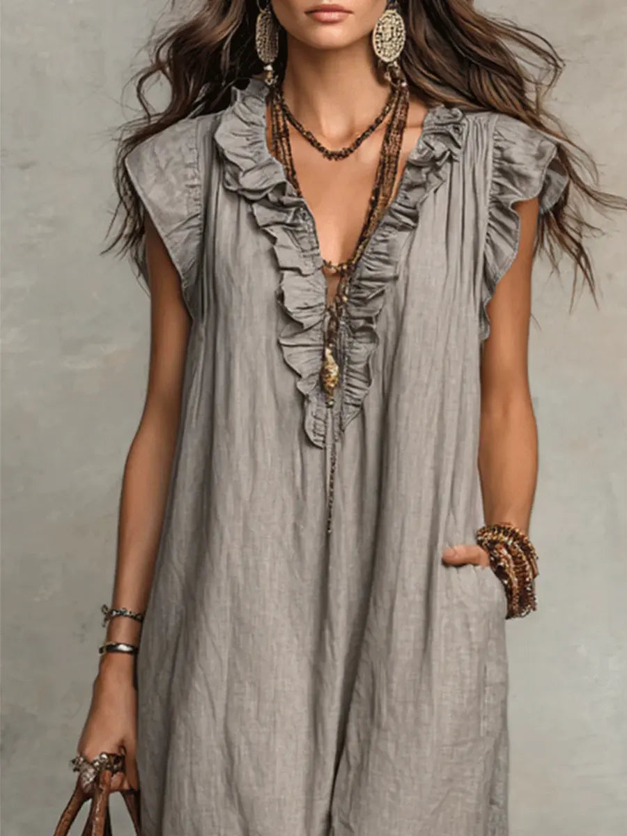 Women's Boho Maxi Dress – Flowy Ruffle Long Dress with Pockets