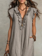 Women's Boho Maxi Dress – Flowy Ruffle Long Dress with Pockets