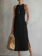 Women's Sleeveless Midi Dress – High Neck Flowy Summer Dress