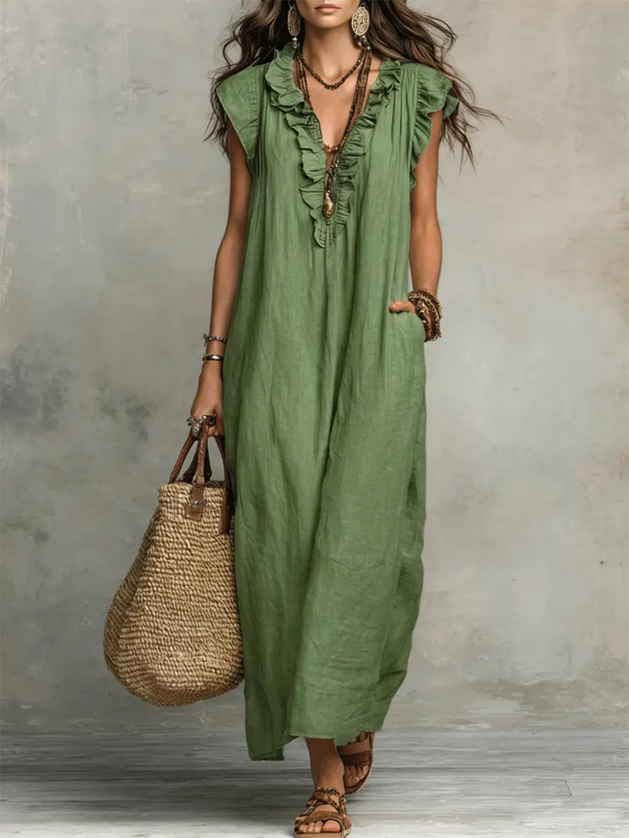 Women's Boho Maxi Dress – Flowy Ruffle Long Dress with Pockets
