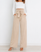 Women's Paperbag Waist Trousers – High Waist Bow Detail Wide Leg Pants
