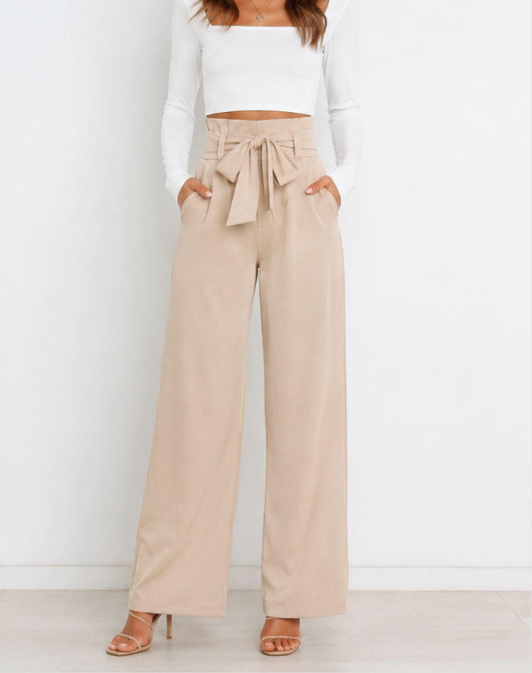 Women's Paperbag Waist Trousers – High Waist Bow Detail Wide Leg Pants