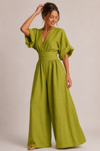 Women's Three-Quarter Sleeve Jumpsuit – Wide Leg Pantsuit