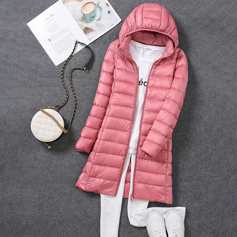 Women's Lightweight Puffer Coat – Removable Hood Longline Jacket