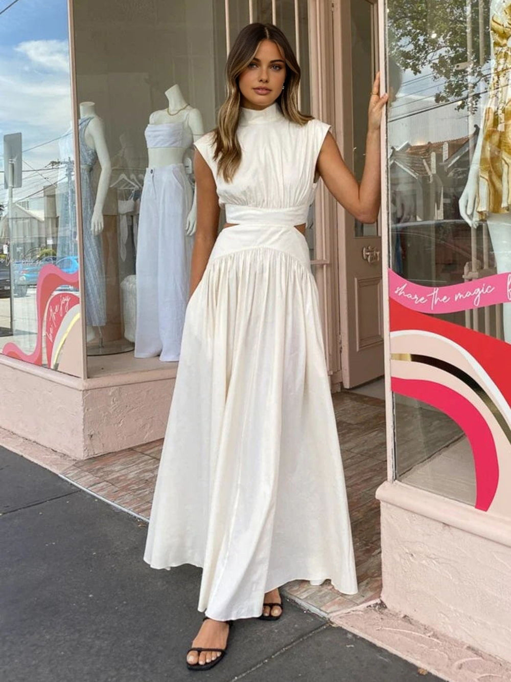 Women's Cutout Maxi Dress – Mock Neck Sleeveless Long Dress