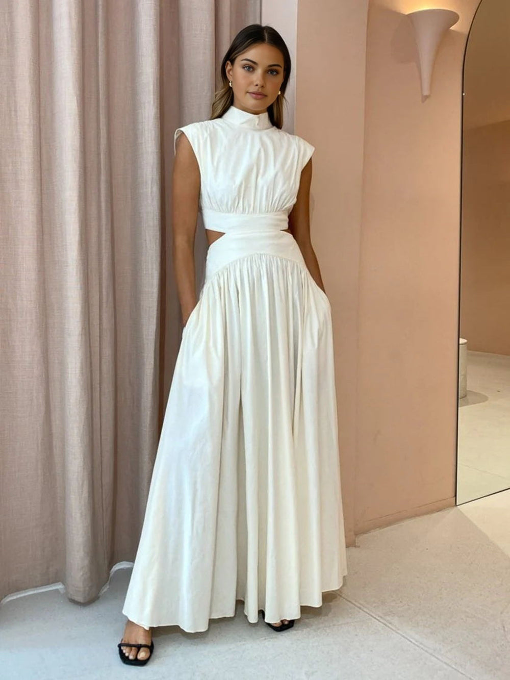 Women's Cutout Maxi Dress – Mock Neck Sleeveless Long Dress