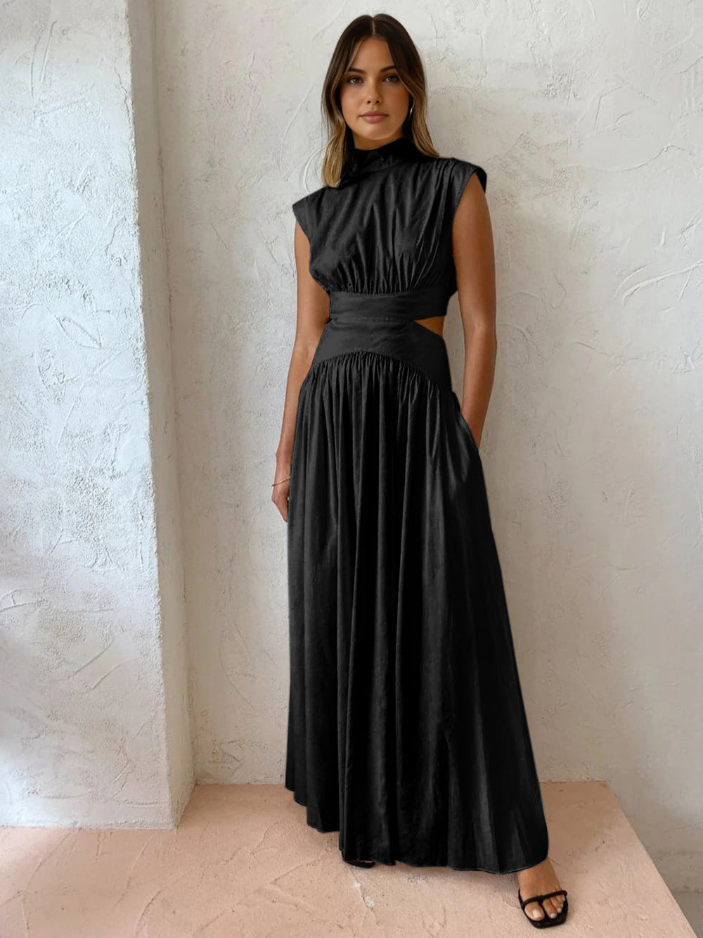 Women's Cutout Maxi Dress – Mock Neck Sleeveless Long Dress